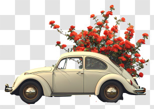White Car - Vintage Car With Blooming Flowers Transparent PNG