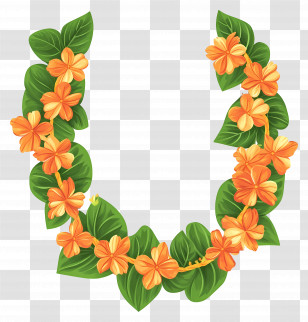 Ugadi Garland - Beautiful Hawaiian Lei With Orange Flowers And Green Leaves Transparent PNG