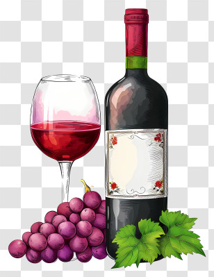 Doodle Style Bottle With Red Wine And Glass - Wine Bottle And Glass With Grapes Transparent PNG