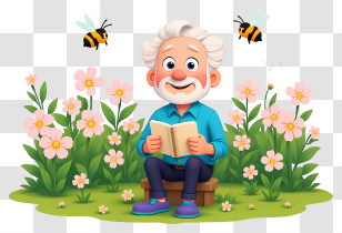Elderly Woman Reading Book - Elderly Man Reading In Flower Garden Transparent PNG