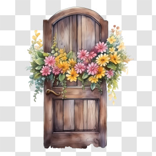 Wooden Door - Wooden Door With Colorful Flower Decoration Transparent PNG