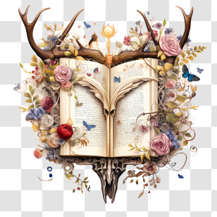 Dear Diary Day - Open Book With Antlers And Fantasy Florals Transparent PNG