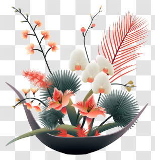 Ikebana Flower Arrangement - Beautiful Flower Arrangement With Orchids And Leaves Transparent PNG