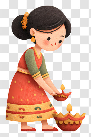 Girl Decorating Diwali Lamp - Lighting Diya For Diwali Transparent PNG