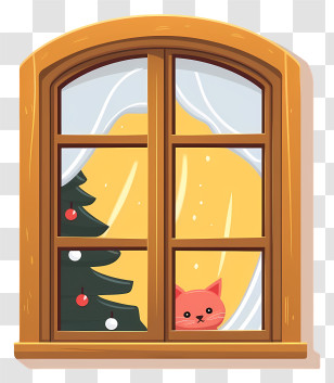 Cat - Festive Window Scene With Cat And Christmas Tree Transparent PNG