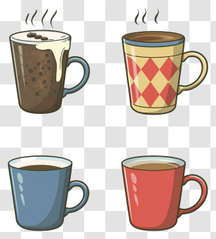Coffee Cups - Colorful Cartoon Coffee Mugs With Steam Transparent PNG