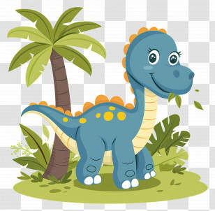 Cartoon Dinosaur - Cute Blue Dinosaur With Palm Tree Illustration Transparent PNG