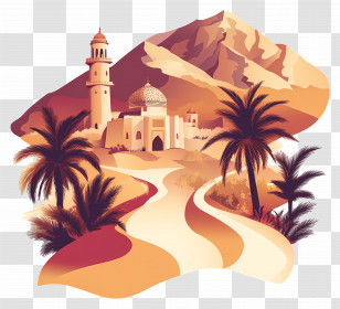 Arab Landscape - Desert Pathway With Mountains And Palm Trees Transparent PNG