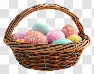 Eggs In Basket - Colorful Easter Eggs In Wicker Basket Transparent PNG