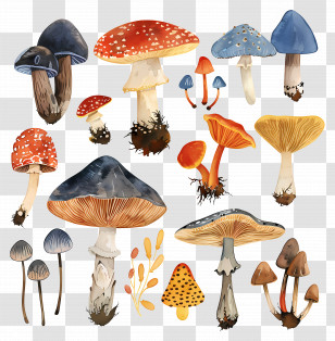 Mushrooms - Collection Of Colorful Mushrooms In Watercolor Style Transparent PNG