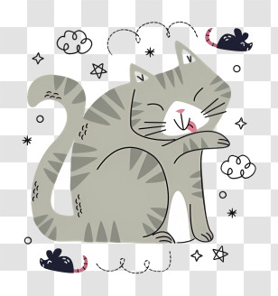 Black Cat - Playful Gray Cartoon Cat Licking Its Paw Transparent PNG