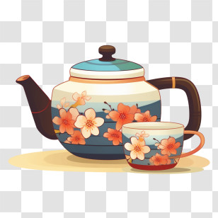 Teapot - Floral Teapot And Teacup Design Transparent PNG