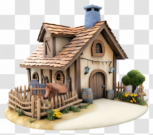 3d Ranch - Cartoon House With Fence And Barrel Transparent PNG
