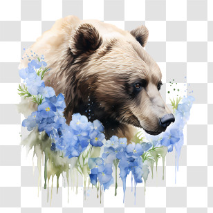 Grizzly Bear - Bear Illustration With Blue Floral Design Transparent PNG