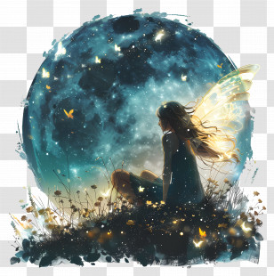 Summer Night - Fairy Sitting Under The Moon Transparent PNG