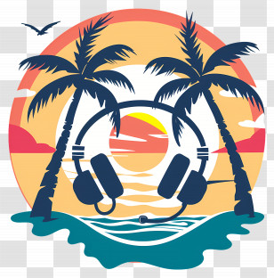 Beach Tunes - Tropical Palm Trees And Headset At Sunset Transparent PNG