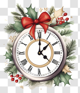 Clock - Christmas Clock With Red Bow And Holly Decoration Transparent PNG