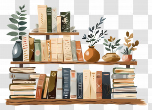 Books On Shelf - Decorated Bookshelves With Books And Plants Transparent PNG