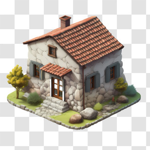Stone House - Stone House With Red Roof And Garden Transparent PNG