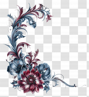 Wedding Line - Intricate Decorative Floral Corner Design With Blue And Red Flowers Transparent PNG