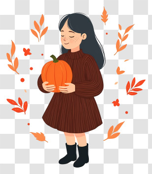 Hand Drawn Autumn Greetings - Girl Holding Pumpkin In Autumn Transparent PNG