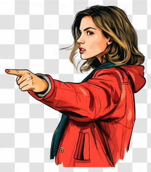 Woman Pointing At Something - Woman In Red Jacket Pointing Transparent PNG
