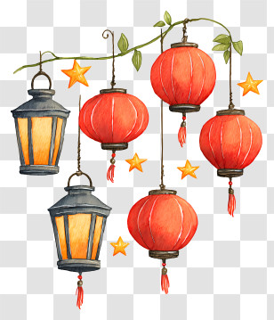 String Lanterns And Stars - Red Lanterns And Stars For Festival Transparent PNG