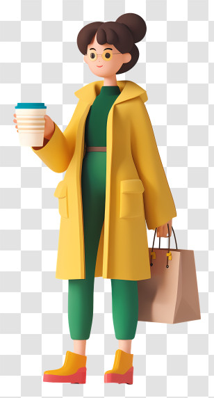 Shopping Woman - Woman In Yellow Coat Holding Coffee Transparent PNG