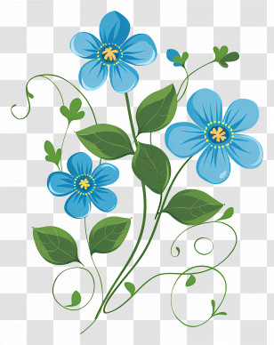 Blue Flowers - Blue Floral Illustration With Green Leaves Transparent PNG