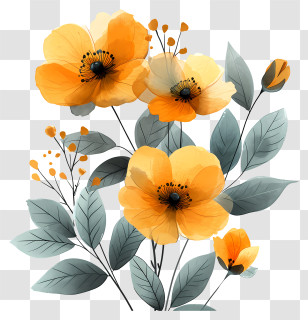 Gold Flowers - Yellow And Green Floral Composition Illustration Transparent PNG