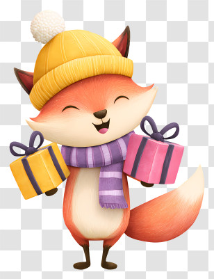 Cartoon Fox Holding Christmas Gifts - Happy Fox Holding Gifts Transparent PNG