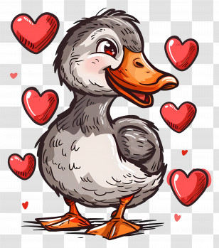Cute Cartoon Duck With Hearts - Cute Cartoon Duck Surrounded By Hearts Transparent PNG