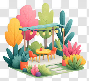 Garden Party Celebration In Backyard - Colorful Garden Patio With Lights Transparent PNG