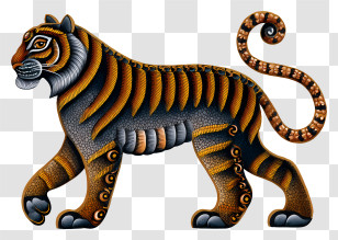 Tiger With Indian Patterns - Brown Striped Tiger With Ornate Patterns Transparent PNG