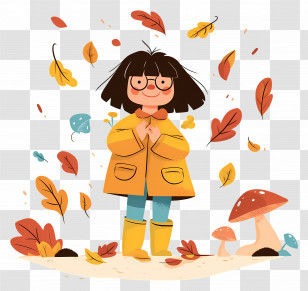 Autumn Background - Autumn-Themed Illustration Of Girl In Yellow Coat Transparent PNG