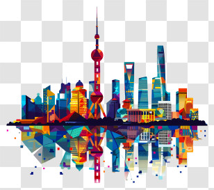 Shanghai City Silhouette - Colorful Modern City Skyline With Reflection Transparent PNG