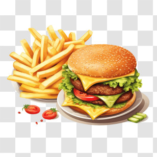 Hamburger - Classic Cheeseburger With French Fries Transparent PNG
