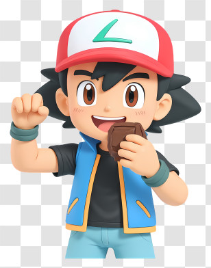 Ash Ketchum Eating - Cheerful Pokemon Trainer Eating Snack Transparent PNG