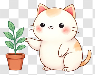 Cute Chubby Cat - Chubby Cat With Potted Plant Transparent PNG