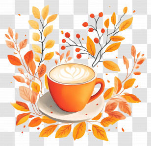 Autumn Coffee - Cozy Orange Coffee Cup With Autumn Leaves Art Transparent PNG