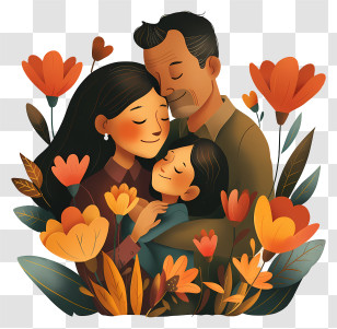 Mothers Day - Loving Family Hugging With Flowers Transparent PNG
