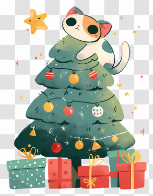Christmas Cat - Cat Atop Decorated Christmas Tree With Presents Transparent PNG