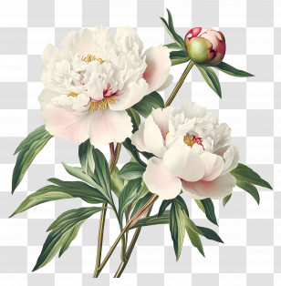 Flower Vintage - White Peony Flowers In A Botanical Illustration Transparent PNG