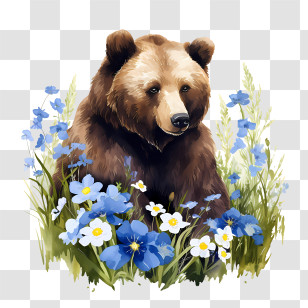 Grizzly Bear - Bear Surrounded By Blue And White Flowers In Illustration Transparent PNG