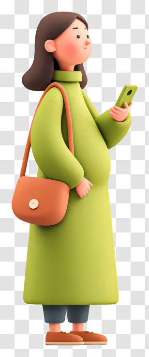 Pregnant Woman Holding Mobile - Woman In Green Coat With Phone Transparent PNG