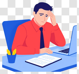 Office Worker Sitting At Desk - Man In Red Shirt Working At Desk Transparent PNG