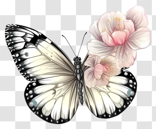 Elegant Butterfly Vector Draw Design - Black And White Butterfly With Pink Flowers Transparent PNG