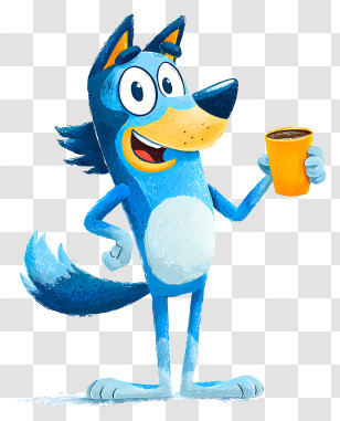 Bluey Holding Coffee - Friendly Blue Wolf Cartoon With Drink Transparent PNG