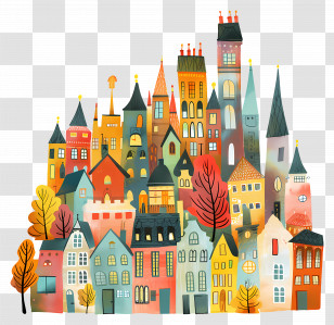 City - Artistic Colorful Town In Whimsical Illustration Transparent PNG