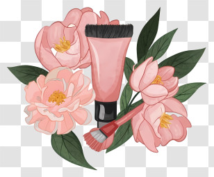 Pink Flowers - Makeup Brush With Pink Flowers Transparent PNG